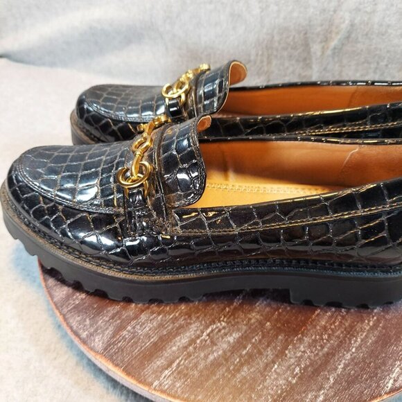 Circus NY Black Croc-Embossed Leather Loafers With Gold  Detail & Chunky Sole - Picture 6 of 16